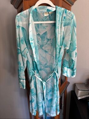 Sheer Floral Satin Robe - Aqua Floral